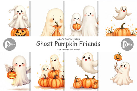 Digital Paper Watercolor Ghost Pumpkin Friends Digital Pattern artnoy 