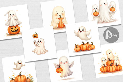 Digital Paper Watercolor Ghost Pumpkin Friends Digital Pattern artnoy 