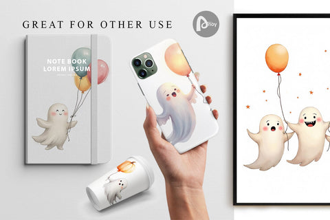 Digital Paper Watercolor Ghost Spooky Balloons Digital Pattern artnoy 