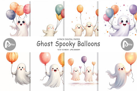 Digital Paper Watercolor Ghost Spooky Balloons Digital Pattern artnoy 