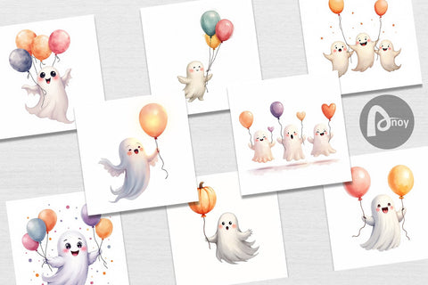 Digital Paper Watercolor Ghost Spooky Balloons Digital Pattern artnoy 