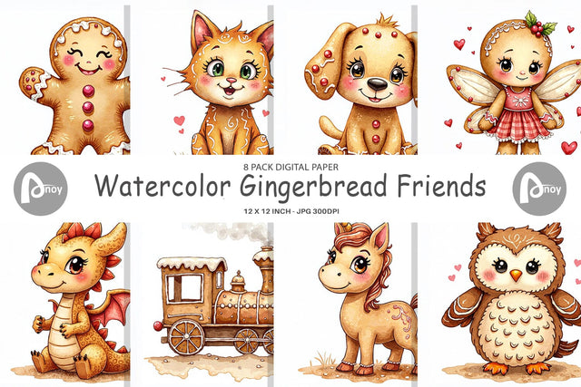 Digital Paper Watercolor Gingerbread Friends Digital Pattern artnoy 