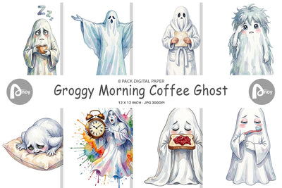 Digital Paper Watercolor Groggy Morning Coffee Ghost Digital Pattern artnoy 
