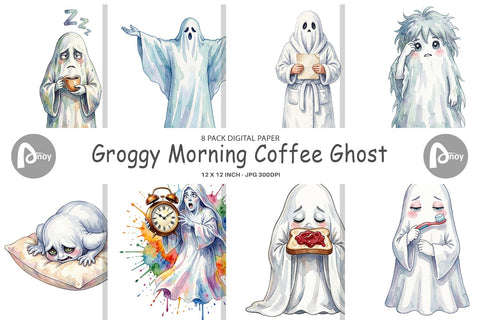 Digital Paper Watercolor Groggy Morning Coffee Ghost Digital Pattern artnoy 