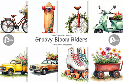 Digital Paper Watercolor Groovy Bloom Riders 70s Floral Transport Digital Pattern artnoy 