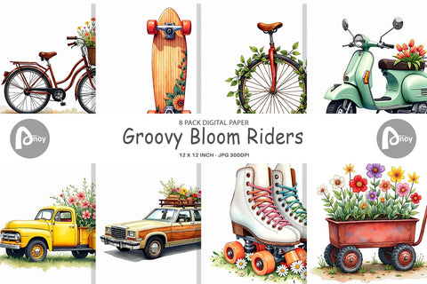 Digital Paper Watercolor Groovy Bloom Riders 70s Floral Transport Digital Pattern artnoy 