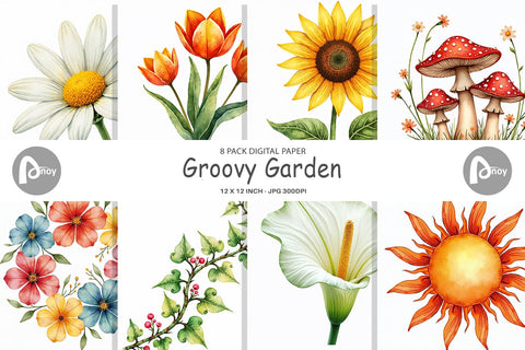 Digital Paper Watercolor Groovy Garden 70s Retro Watercolor Florals Digital Pattern artnoy 