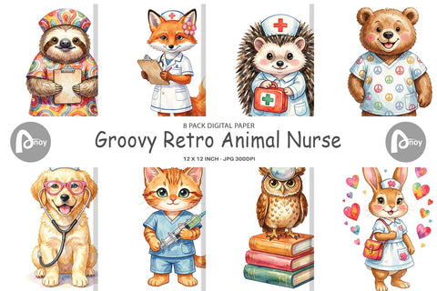 Digital Paper Watercolor Groovy Retro Animal Nurse Digital Pattern artnoy 