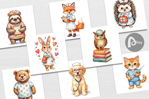 Digital Paper Watercolor Groovy Retro Animal Nurse Digital Pattern artnoy 