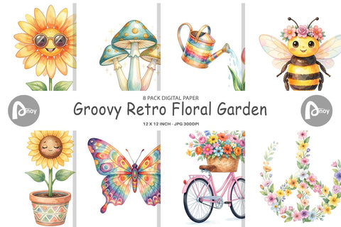 Digital Paper Watercolor Groovy Retro Floral Garden Digital Pattern artnoy 
