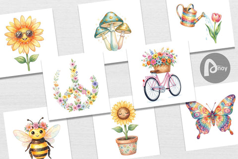 Digital Paper Watercolor Groovy Retro Floral Garden Digital Pattern artnoy 