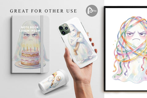 Digital Paper Watercolor Grumpy Anti Social Ghost Digital Pattern artnoy 
