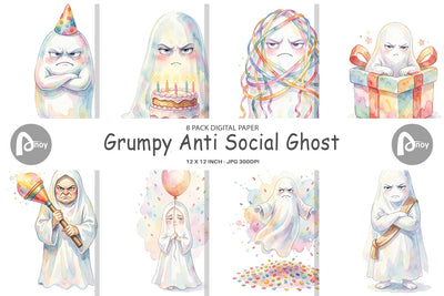 Digital Paper Watercolor Grumpy Anti Social Ghost Digital Pattern artnoy 