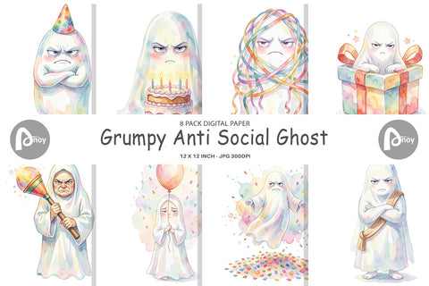 Digital Paper Watercolor Grumpy Anti Social Ghost Digital Pattern artnoy 