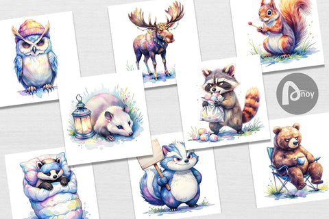 Digital Paper Watercolor Grumpy Camping Animals Digital Pattern artnoy 