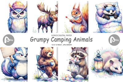Digital Paper Watercolor Grumpy Camping Animals Digital Pattern artnoy 