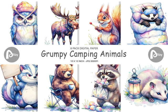 Digital Paper Watercolor Grumpy Camping Animals Digital Pattern artnoy 