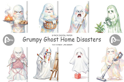 Digital Paper Watercolor Grumpy Ghost Home Disasters Digital Pattern artnoy 