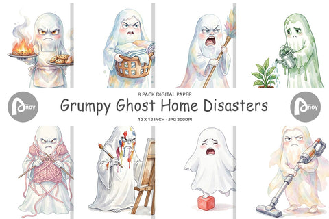Digital Paper Watercolor Grumpy Ghost Home Disasters Digital Pattern artnoy 