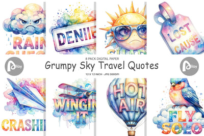 Digital Paper Watercolor Grumpy Sky Travel Quotes Digital Pattern artnoy 