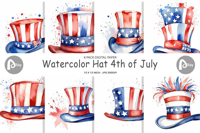 Digital Paper Watercolor Hat Patriotic Sublimation artnoy 