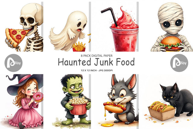 Digital Paper Watercolor Haunted Junk Food Digital Pattern artnoy 