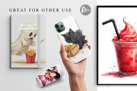 Digital Paper Watercolor Haunted Junk Food Digital Pattern artnoy 