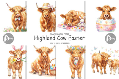 Digital Paper Watercolor Highland Cow Easter Digital Pattern artnoy 