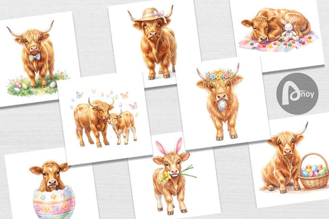 Digital Paper Watercolor Highland Cow Easter Digital Pattern artnoy 