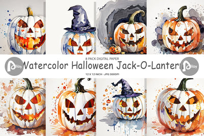 Digital Paper Watercolor Jack O Lantern Digital Pattern artnoy 