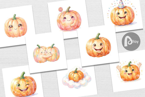 Digital Paper Watercolor Kawaii Cute Pastel Pumpkin Digital Pattern artnoy 