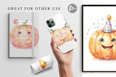 Digital Paper Watercolor Kawaii Cute Pastel Pumpkin Digital Pattern artnoy 