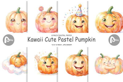 Digital Paper Watercolor Kawaii Cute Pastel Pumpkin Digital Pattern artnoy 