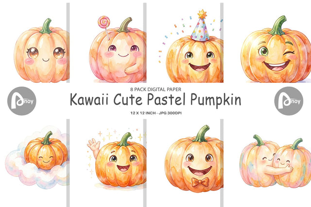 Digital Paper Watercolor Kawaii Cute Pastel Pumpkin Digital Pattern artnoy 