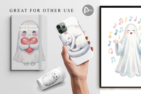 Digital Paper Watercolor Kawaii Pastel Sleepy Ghost Digital Pattern artnoy 