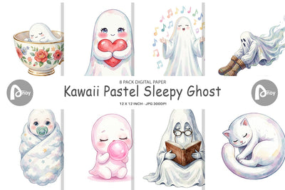 Digital Paper Watercolor Kawaii Pastel Sleepy Ghost Digital Pattern artnoy 