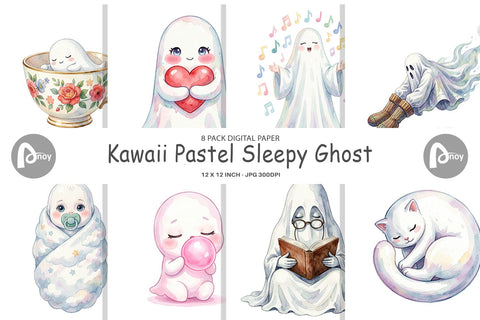 Digital Paper Watercolor Kawaii Pastel Sleepy Ghost Digital Pattern artnoy 
