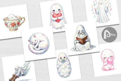 Digital Paper Watercolor Kawaii Pastel Sleepy Ghost Digital Pattern artnoy 