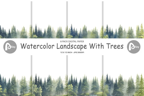 Digital Paper Watercolor Landscape Tree Digital Pattern artnoy 