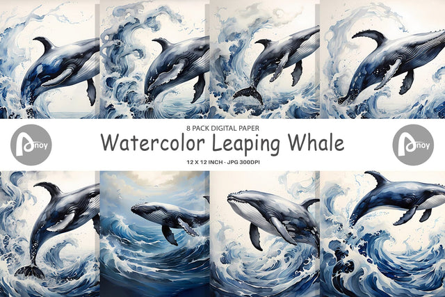 Digital Paper Watercolor Leaping Whale Sublimation artnoy 