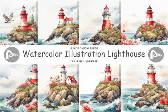 Digital Paper Watercolor Lighthouse Digital Pattern artnoy 