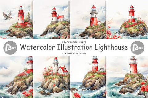 Digital Paper Watercolor Lighthouse Digital Pattern artnoy 