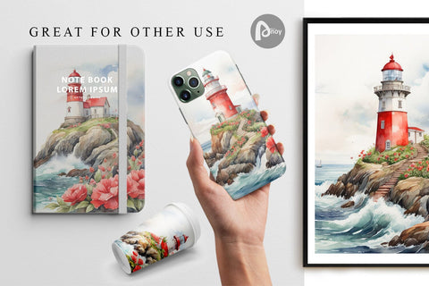 Digital Paper Watercolor Lighthouse Digital Pattern artnoy 