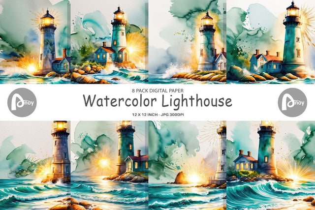 Digital Paper Watercolor Lighthouse Digital Pattern artnoy 