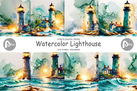 Digital Paper Watercolor Lighthouse Digital Pattern artnoy 