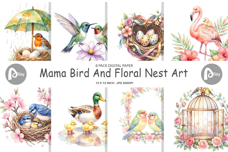 Digital Paper Watercolor Mama Bird And Floral Nest Art Digital Pattern artnoy 