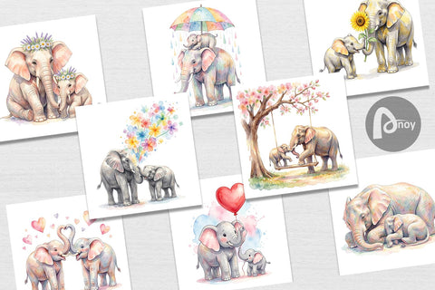 Digital Paper Watercolor Mom And Baby Elephant Love Art Digital Pattern artnoy 