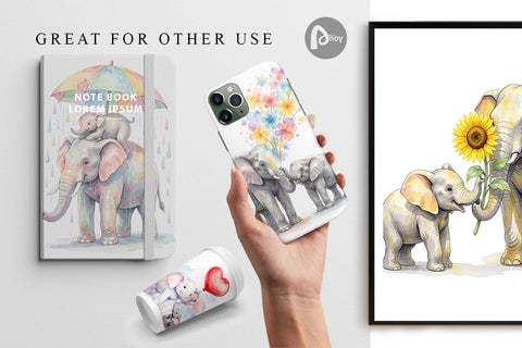 Digital Paper Watercolor Mom And Baby Elephant Love Art Digital Pattern artnoy 