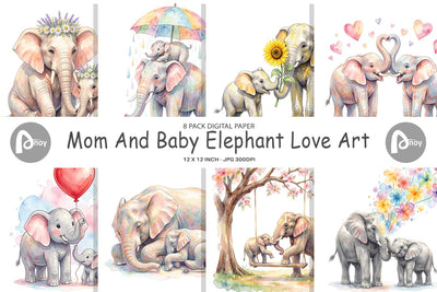 Digital Paper Watercolor Mom And Baby Elephant Love Art Digital Pattern artnoy 