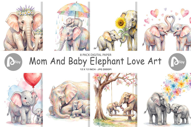 Digital Paper Watercolor Mom And Baby Elephant Love Art Digital Pattern artnoy 
